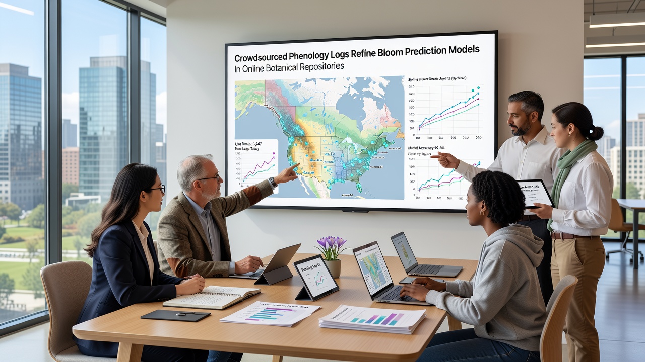 Interactive botanical repository interface showing bloom prediction maps derived from phenology logs